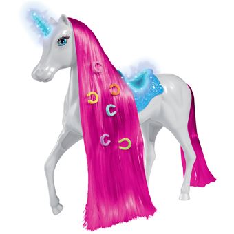 Licorne lumineuse pour poupees mannequins 29cm. La corne et la selle s''illuminent. 1 brosse et 6 barrettes incluses. 3 piles LR44 incluses. Poupee mannequin non incluse.