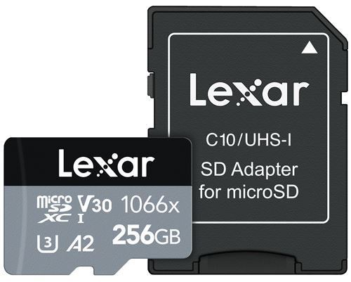 Carte MicroSDXC Lexar 1066x - 256Go - Class 10 U3 V30 A2 - Adaptateur inclus - Noir et Grise