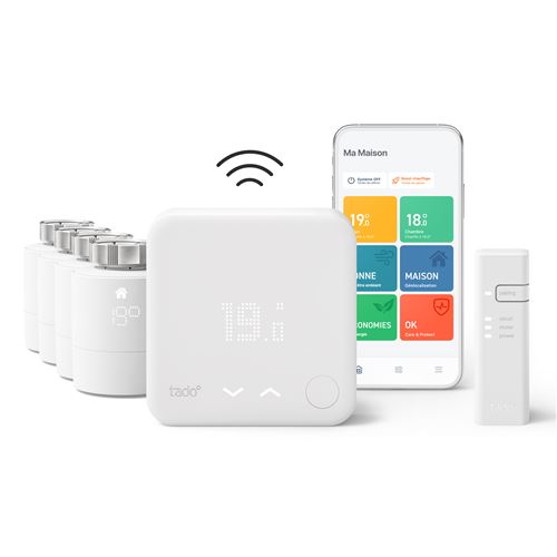 Kit de Démarrage Thermostat Connecté et Intelligent sans fil Tado V3+ et 4 têtes thermostatiques Blanc