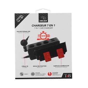 Chargeur 7 en 1 T'n'b 4 USB-A 120W Noir + 3 prises allume-cigares