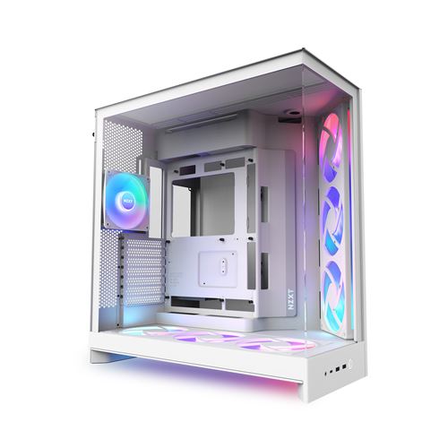 Boîtier PC NZXT H9 FLOW RGB+ 2025 moyen tour blanc avec panneau latéral et avant verre trempé