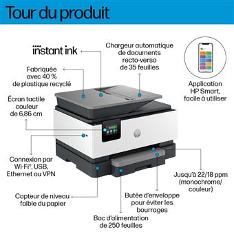 HP Officejet Pro 9122e All-in-One - Imprimante multifonctions - couleur - jet d'encre - Legal (216 x 356 mm) (original) - A4/Legal (support) - jusqu'à 21 ppm (copie) - jusqu'à 22 ppm (impression) - 250 feuilles - 33.6 Kbits/s - USB 2.0, LAN, hôte USB 2