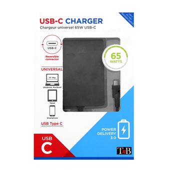 Chargeur secteur universel USB Type C 65 Watts T'nB Noir