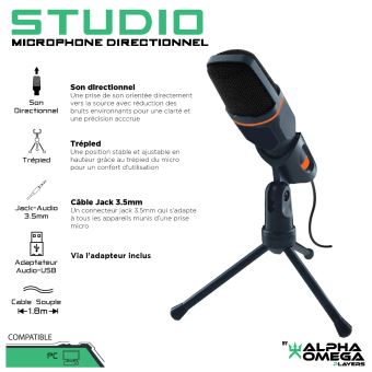 Microphone directionnel Alpha Omega Players Studio Noir et Orange