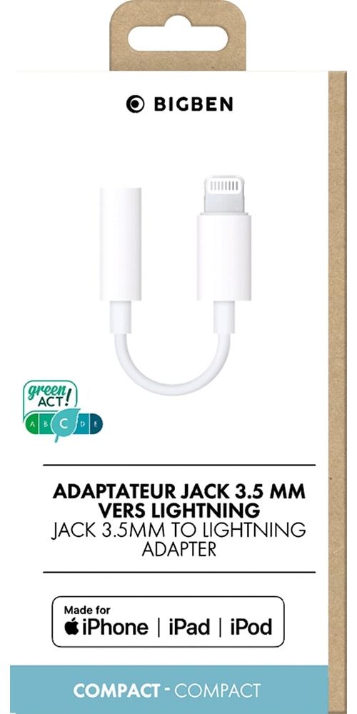 Adaptateur lightning vers prise de casque pour apple ipad iphone ipod  bigben connected adajackmfiw blanc BIGBEN INTERACTIVE