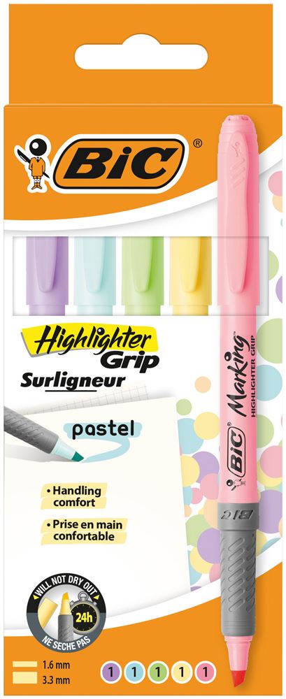 Pack de 5 surligneurs Bic Highlighter Grip Pastel - Surligneur Et