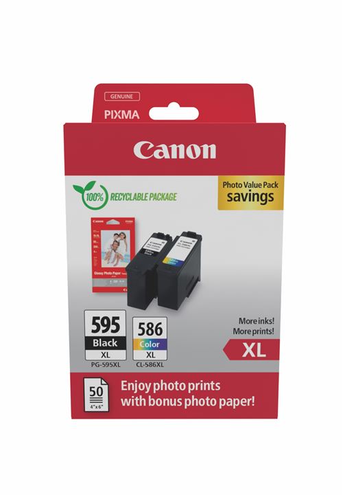 Pack de 2 Cartouches d'encre Canon PG-595XL et CL-586XL + 50 feuilles GP501 10x15
