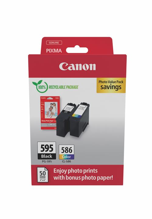 Pack de 2 Cartouches d'encre Canon PG-595 et CL-586 + 50 feuilles GP501 10x15