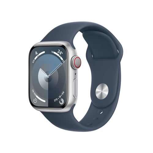 Apple Watch Series 9 GPS + Cellular Boîtier en Aluminium Argent de 41 mm avec Bracelet Sport Bleu Orage M/L