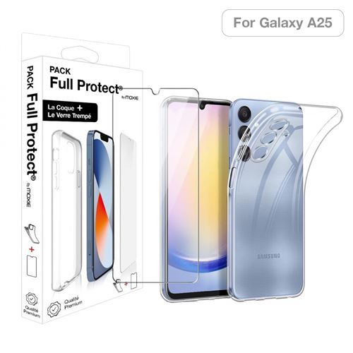Pack protection complète écran en verre trempé Moxie + coque pour Samsung Galaxy A25 Transparent