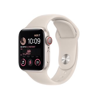 Apple Watch SE GPS + Cellular 2ème génération, boîtier Aluminium Lumière Stellaire 40mm avec Bracelet Sport Lumière Stellaire