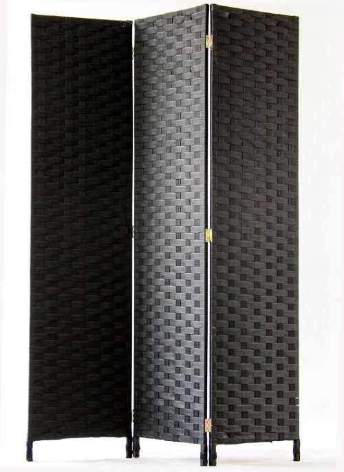 Paravent de 3 pans tress en fibres synthtiques, coloris noir - Dim : H170 x 120cm - PEGANE -
