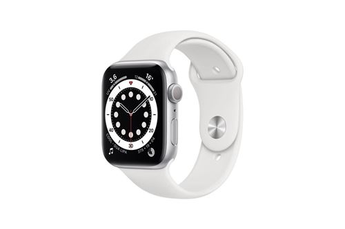 Apple Watch Series 6 GPS, 44 mm kast van zilverkleurig aluminium met witte sportband