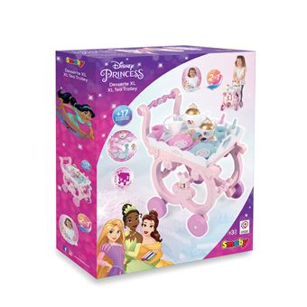 Desserte Disney Princess. Plateau amovible. 17 accessoires : 2 assiettes, 2 verres a pied, 6 couverts, 2 tasses, 1 theiere et 1 sucrier avec couvercles, et 1 pot a lait.