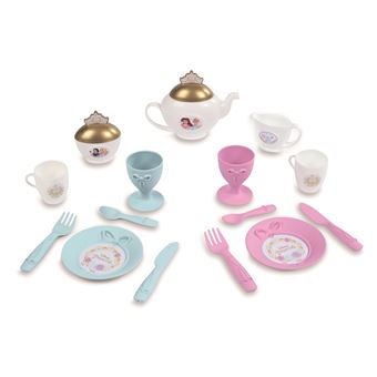 Desserte Disney Princess. Plateau amovible. 17 accessoires : 2 assiettes, 2 verres a pied, 6 couverts, 2 tasses, 1 theiere et 1 sucrier avec couvercles, et 1 pot a lait.