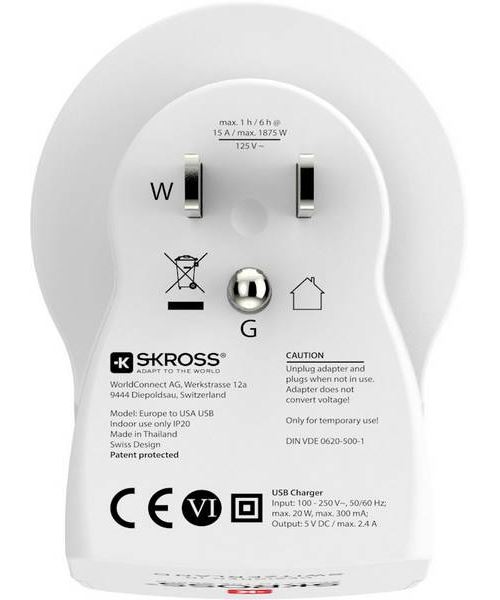 Adaptateur électrique Skross Europe vers USA avec 2 ports USB
