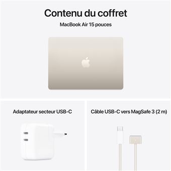 Apple MacBook Air 15'' 256 Go SSD 16 Go RAM Puce M4 CPU 10 cœurs GPU 10 cœurs Lumière Stellaire