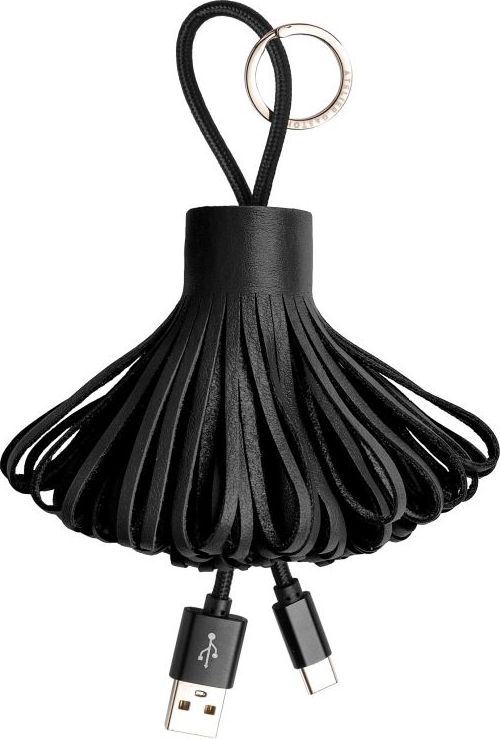 Câble écoresponsable de charge Atelier Gaston USB-C avec pompom en cuir Noir et anneau de porte-clé