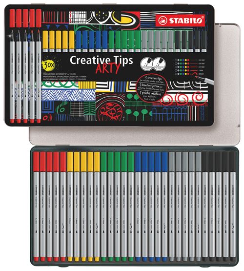 STABILO Creative Tips Feutre dessin Boîte métal x 30 stylos de calligraphie à pointe assorties 0.2 0.4 0.7 1 mm et brush couleurs classiques - vue 2