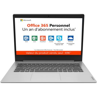 PC Ultra-Portable Lenovo Ideapad Slim 1-14AST-05 14" HD AMD A4-9120e 4 Go RAM 64 Go eMMc Gris platine + Office 365 Personnel 1 an inclus