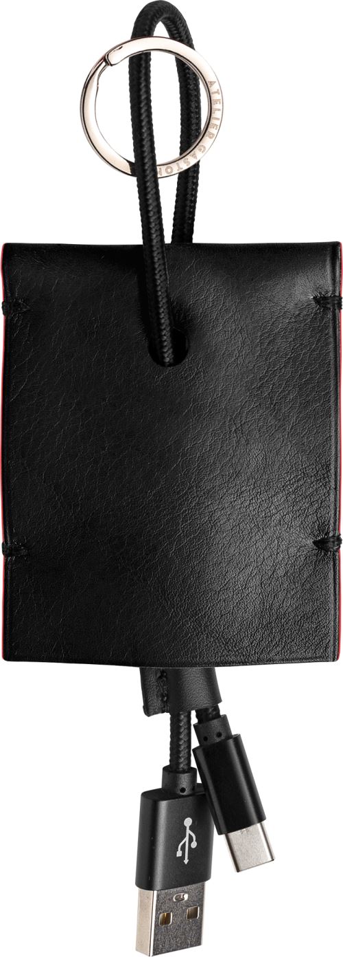 Câble écoresponsable de charge Atelier Gaston USB-C avec étui en cuir Noir et anneau de porte-clé