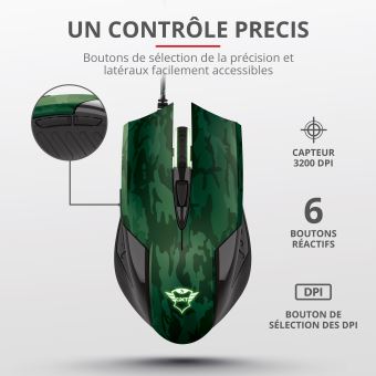 Trust Gaming GXT 781 Rixa - Souris - droitiers et gauchers - optique - 6 boutons - filaire - USB - camouflage gris