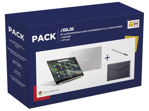 Pack Asus Chromebook Flip C436Fa-E19999 14" Ecran Tactile Intel Core i5 8 Go Ram 512 Go SSD Argent + Housse De Protection + Stylet