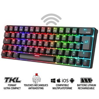 XPERT K200 : Clavier MECANIQUE SANS FIL Triple Mode  RGB  RECHARGEABLE /   TKL 60%  / 64 Touches meca red Switch  / 100% ANTI-GOSTING  / Connexion RF 2,4GHz, + Bluetooth +USB /  Comp Windows10 / Mac OS / iOS / Android