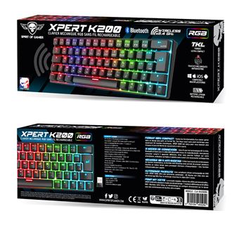 XPERT K200 : Clavier MECANIQUE SANS FIL Triple Mode  RGB  RECHARGEABLE /   TKL 60%  / 64 Touches meca red Switch  / 100% ANTI-GOSTING  / Connexion RF 2,4GHz, + Bluetooth +USB /  Comp Windows10 / Mac OS / iOS / Android