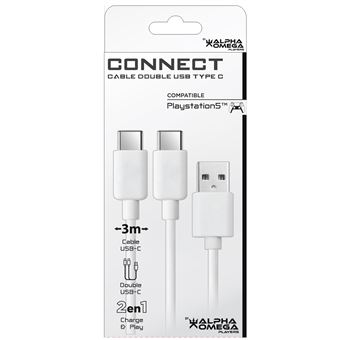 Câble Type C 2 têtes Alpha Omega Players pour PS5 3m Blanc