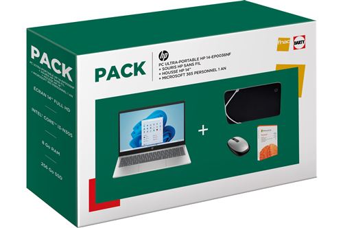 Pack PC Portable HP Laptop 14-ep0036nf 14 Intel® Core™ i3 8 Go RAM 256 Go SSD Argent naturel + Souris sans fil Bluetooth Argent vif + Housse de protection réversible pour ordinateur + Microsoft 365 Personnel 1 an
