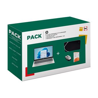 Pack PC Portable HP Laptop 14-ep0036nf 14" Intel® Core™ i3 8 Go RAM 256 Go SSD Argent naturel + Souris sans fil Bluetooth Argent vif + Housse de protection réversible pour ordinateur + Microsoft 365 Personnel 1 an - 1