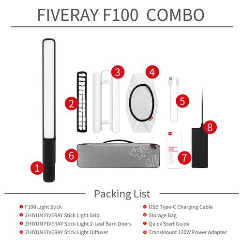 Torche Baton LED Zhiyun FiveRay F100 Combo – Puissance 100W, Autonomie 31 min