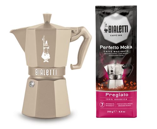 Set Cafetière Bialetti Moka Exclusive Induction Couleur Sable + 1 Paquet De Café Pregiato De 250 Gr