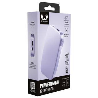 POWERBANK 12000MAH Batterie rechargeable de poche - Dreamy Lilac - 2PB12100DL2.Charge ultra rapide avec 20 W Power Delivery. Chargez jusqu''a 50 % en 30 min. 6 fonctions de securite. Approuvee par les compagnies aeriennes.