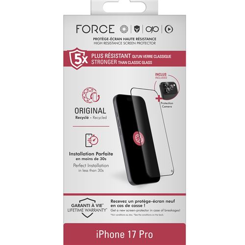 Pack Protection d'écran Forceglass 2,5D Original Transparent pour iPhone 17 Pro + 3 Protège Lentilles