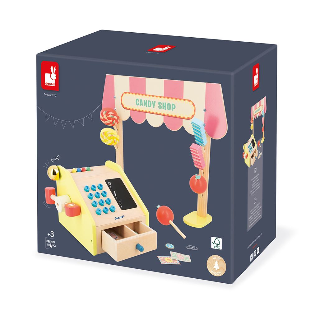 Caisse Enregistreuse En Bois Airlab – Jeu De Rôle Supermarché Avec Accessoires, Billets, Carte, Scanner – Cadeau Fille Garçon 3 Ans+
