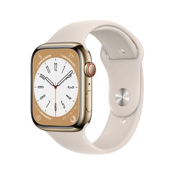 Apple Watch Series 8 GPS + Cellular, boîtier Acier inoxydable or 45mm avec Bracelet Sport Lumière Stellaire