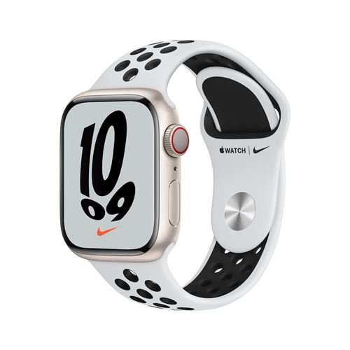Apple Watch Nike Series 7 GPS + Cellular, boîtier Aluminium Lumière Stellaire 41mm avec Bracelet Nike Sport Platinium Pur Noir