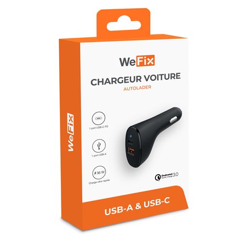 Chargeur allume-cigare WE - 2 ports USB (1 USB-A 5V/2,4A et 1 USB