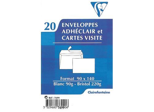 CLAIREFONTAINE Pack de 20 enveloppes et 20 cartes visite Adh&eacute;clair Blanc