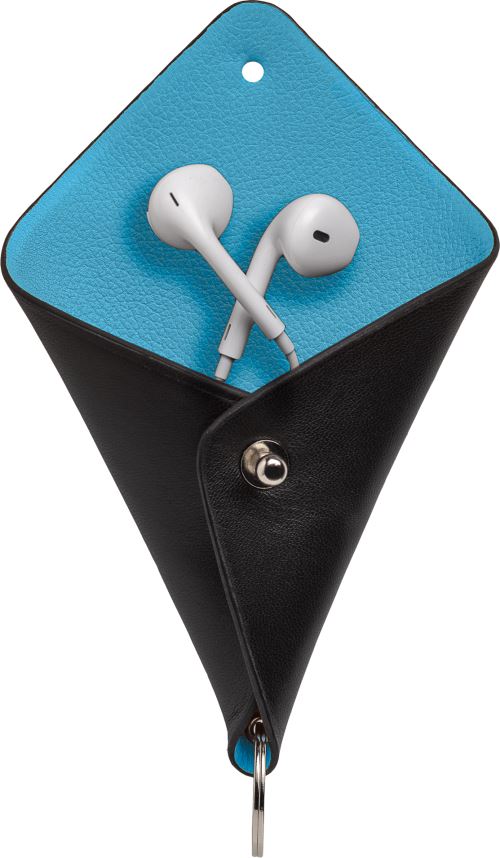 Etui en cuir écoresponsable Atelier Gaston Noir et Bleu avec anneau de porte-clé pour écouteurs filaire