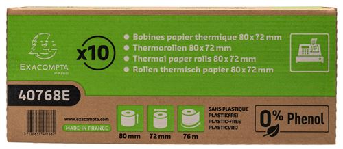 Boîte de 10 bobines papier thermique Exacompta 80 x 72 mm Blanc