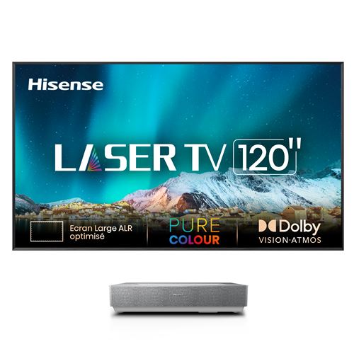 Pack Vidéoprojecteur Hisense Laser TV 120L5HA Blanc et Gris + console ultra courte focale + écran ALR Fresnel 120