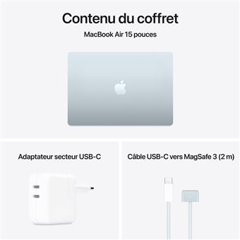 Apple MacBook Air 15'' 512 Go SSD 16 Go RAM Puce M4 CPU 10 cœurs GPU 10 cœurs Bleu Ciel