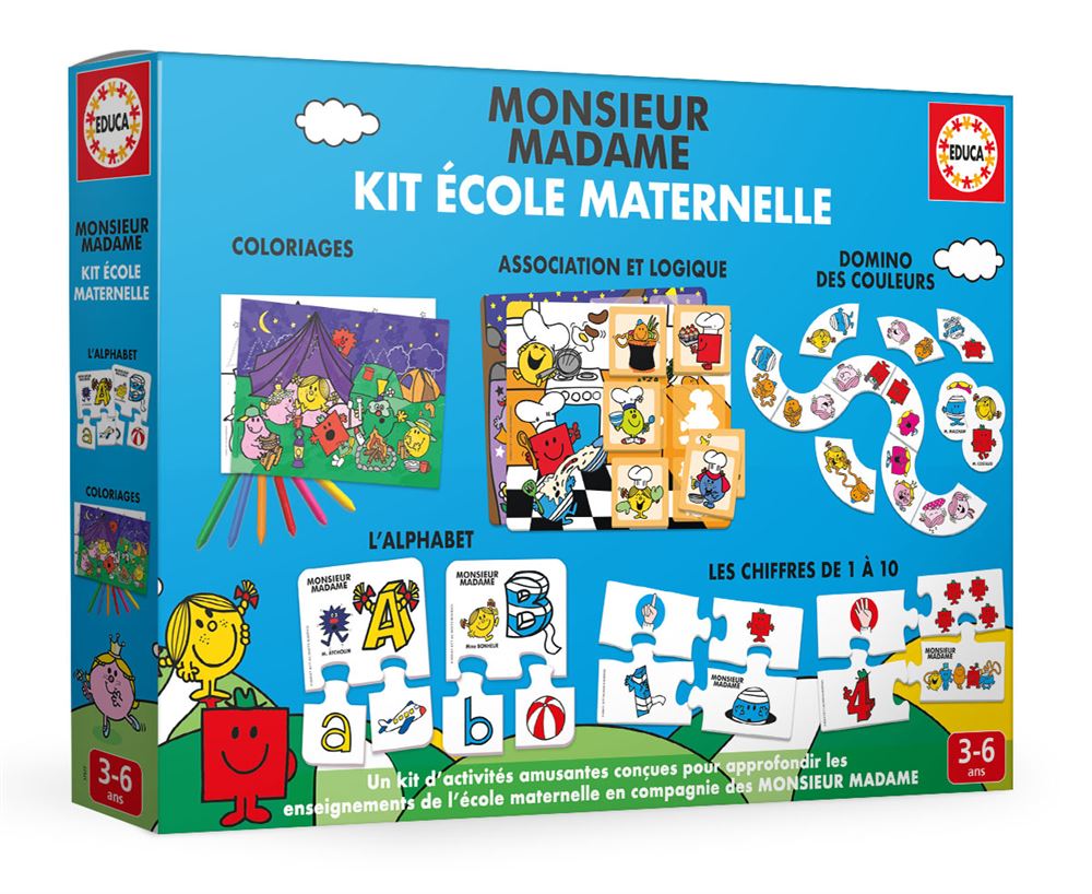 Educa – Kit École Maternelle Monsieur Madame – Activités Coloriage, Lecture, Chiffres – Dès 3 Ans – 19691