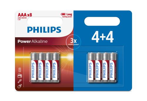 Lot de 8 piles Philips Power Alkaline AAA LR03 1 pack de 4+4