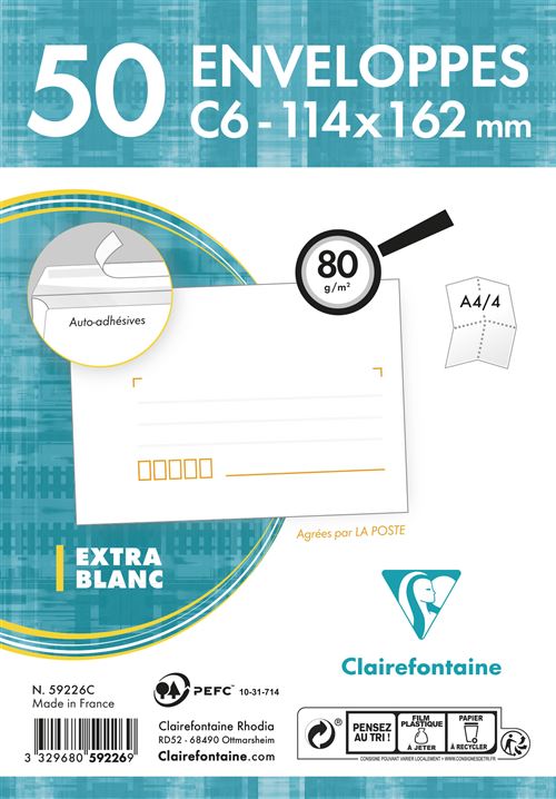 Pack 50 enveloppes autoadhésives précasées Clairefontaine 114x162mm 80g