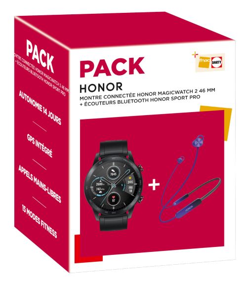 Pack Montre connectée Honor MagicWatch 2 46 mm Noir + Ecouteurs sans fil Bluetooth Honor Sport Pro Bleu