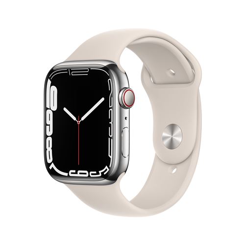 Apple Watch Series 7 GPS + Cellular, boîtier Acier Inoxydable Argent 45mm avec Bracelet Sport Lumièr